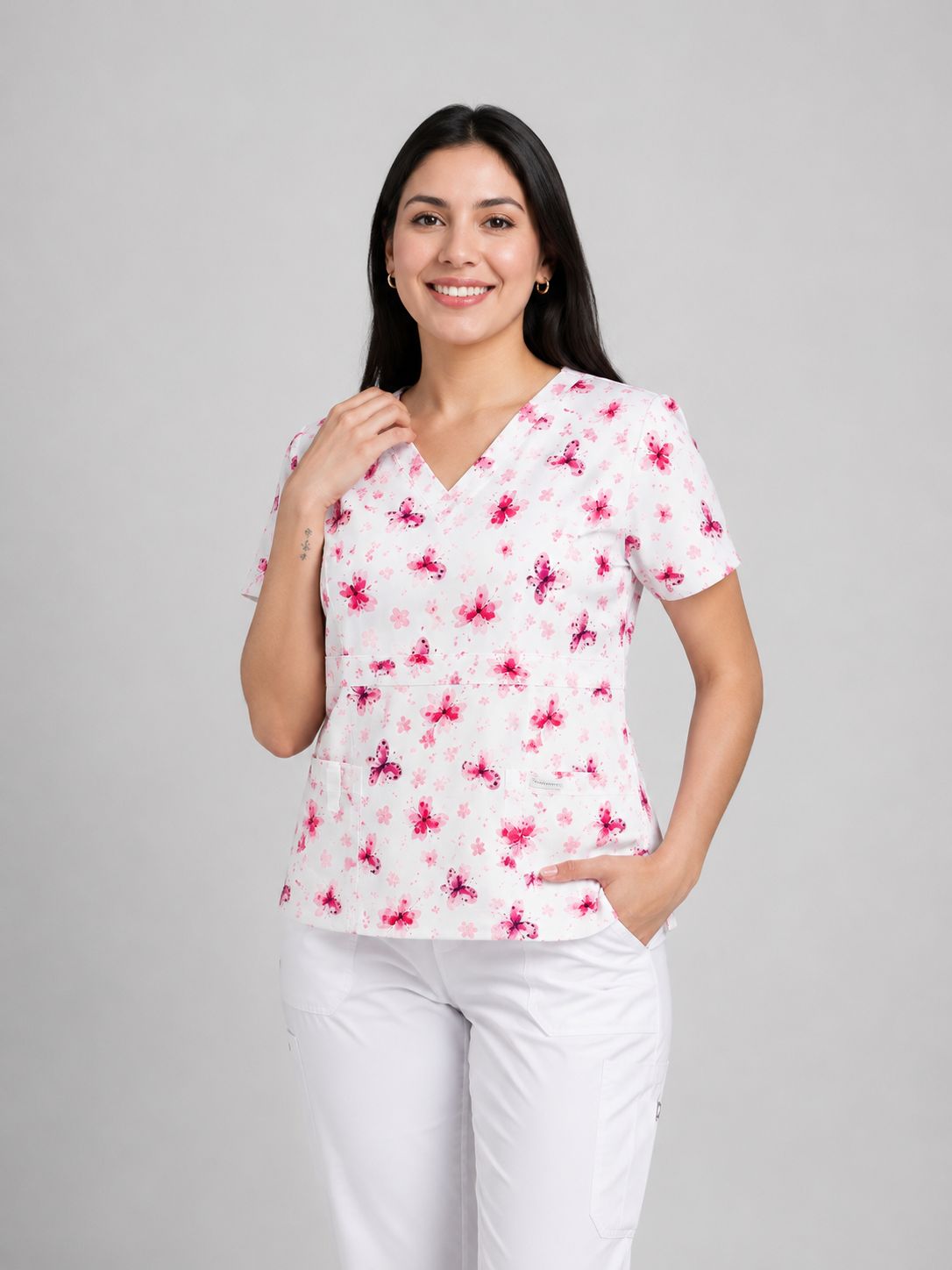 Filipina Quirúrgica de Mujer Oaxaca Estampada - Mariposa Rosa